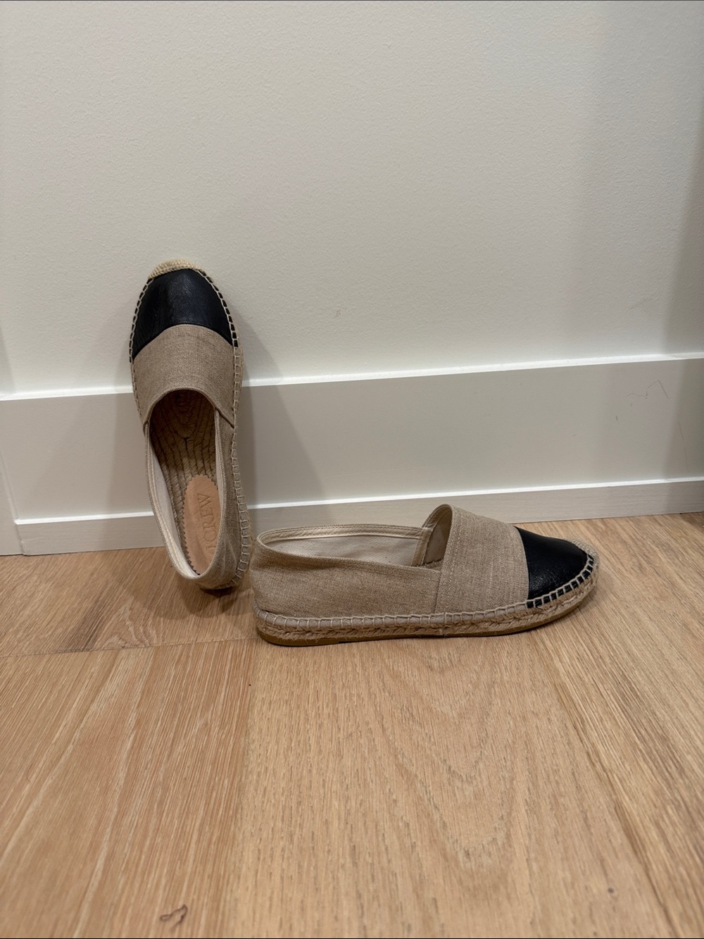 JCrew Beige Canvas Espadrilles with Black leather Cap Toe